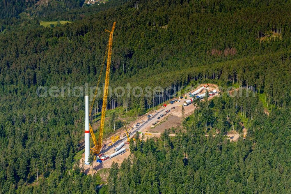 Aerial photograph Häusern - Construction site for wind turbine installation in a forest area in Haeusern in the state Baden-Wuerttemberg, Germany