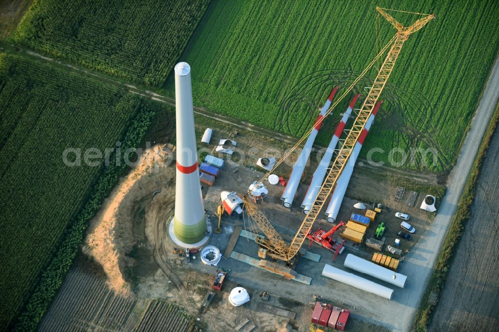 Aerial photograph Deinste - Construction site for wind turbine installation carried out by Enercon GmbH in Deinste in the state Lower Saxony