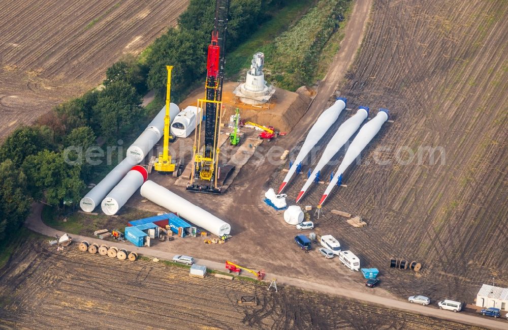 Schermbeck from the bird's eye view: Construction site for wind turbine installation entlang dem Bruchdamm in Schermbeck in the state North Rhine-Westphalia, Germany