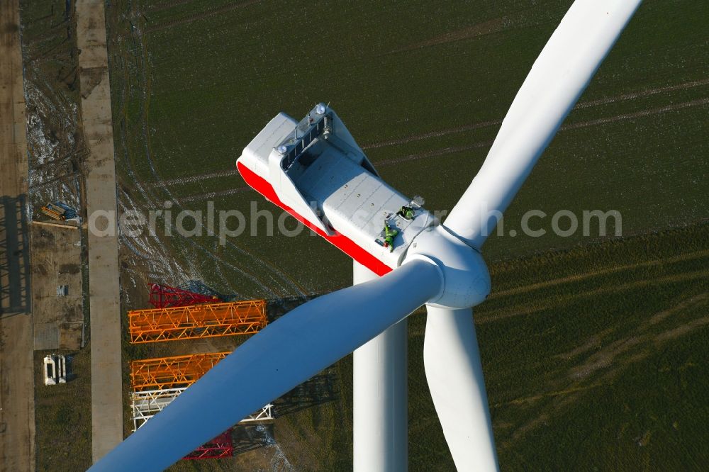 Aerial image Willmersdorf - Construction site for wind turbine installation on fields in Willmersdorf in the state Brandenburg, Germany