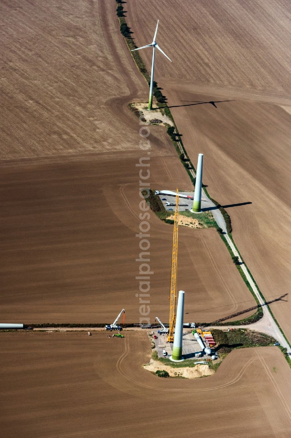 Zörbig from the bird's eye view: Construction site for wind turbine installation of the company Enercon in Zoerbig in the state Saxony-Anhalt