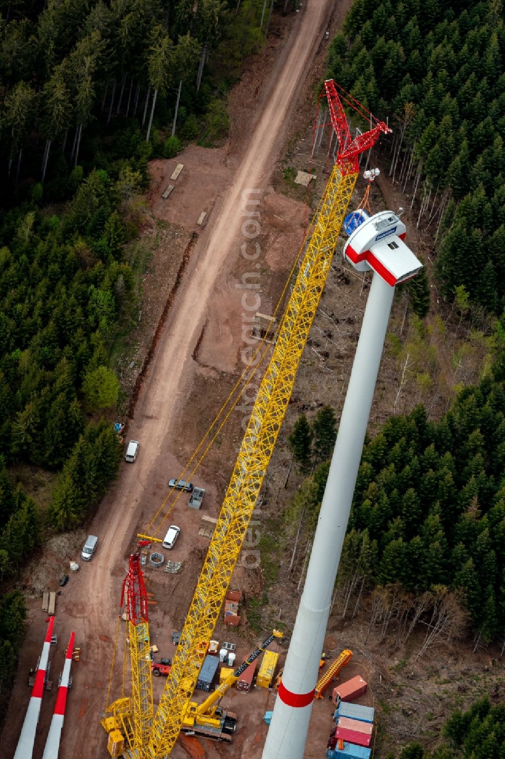 Fischerbach from the bird's eye view: Construction site for wind turbine installation Am Brandenkopf in Fischerbach in the state Baden-Wuerttemberg, Germany