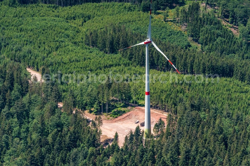 Schuttertal from the bird's eye view: Construction site for wind turbine installation Im Forstgebiet in of Ortenau in Schuttertal in the state Baden-Wuerttemberg, Germany