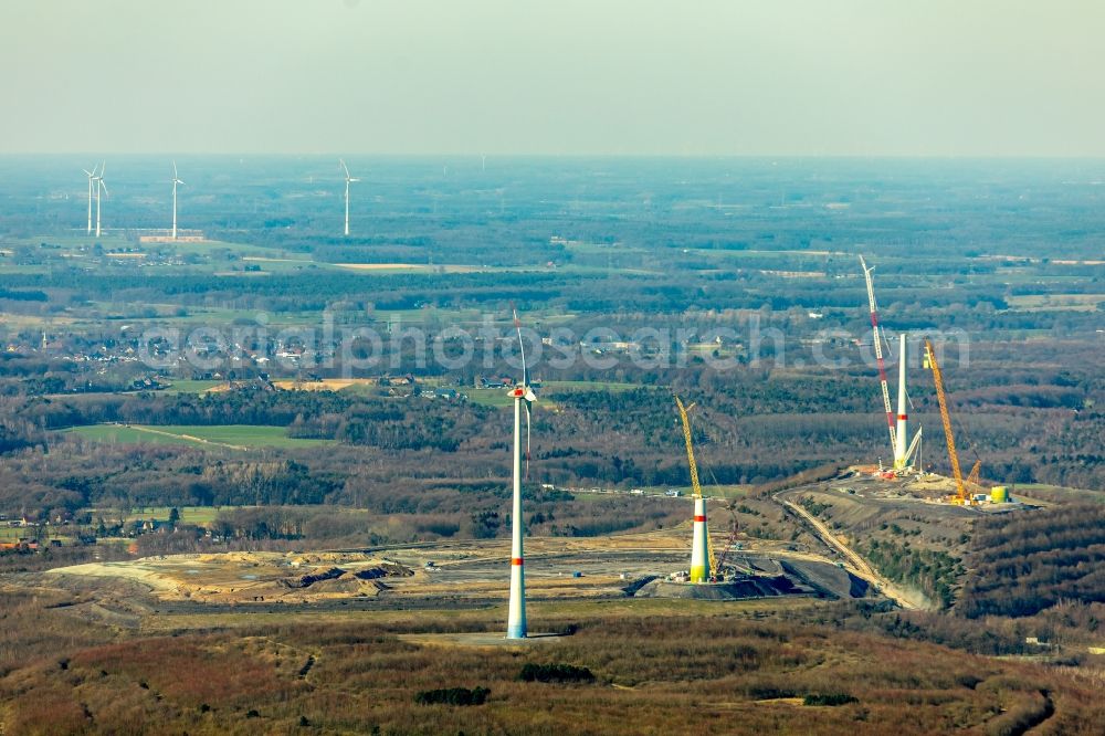 Dinslaken from above - Construction site for wind turbine installation auf of Halde in Lohberg in Dinslaken in the state North Rhine-Westphalia, Germany