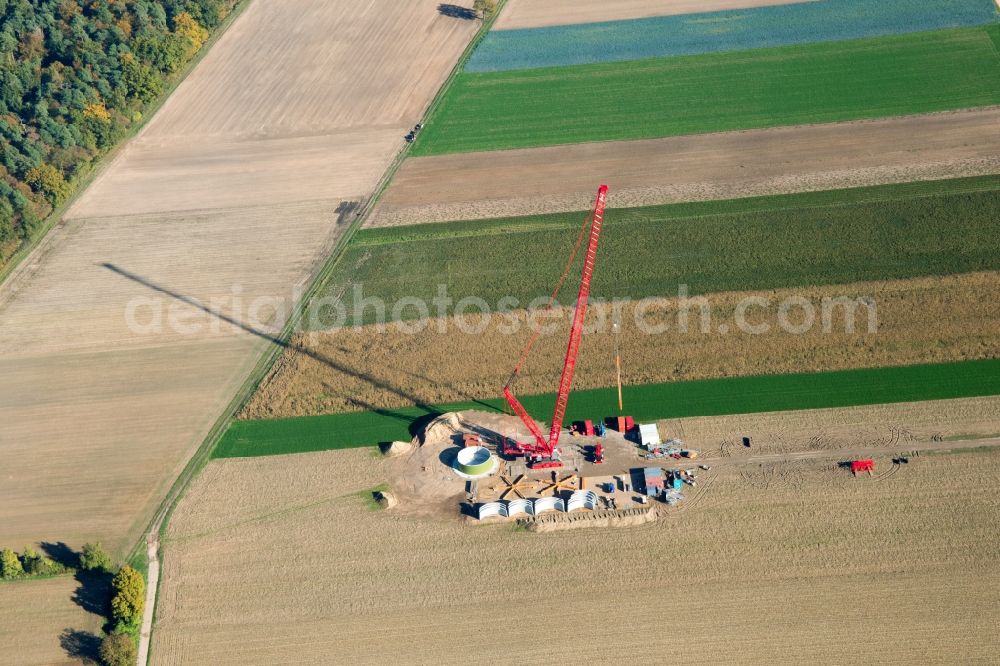 Hatzenbühl from above - Construction site for wind turbine installation in Hatzenbuehl in the state Rhineland-Palatinate, Germany