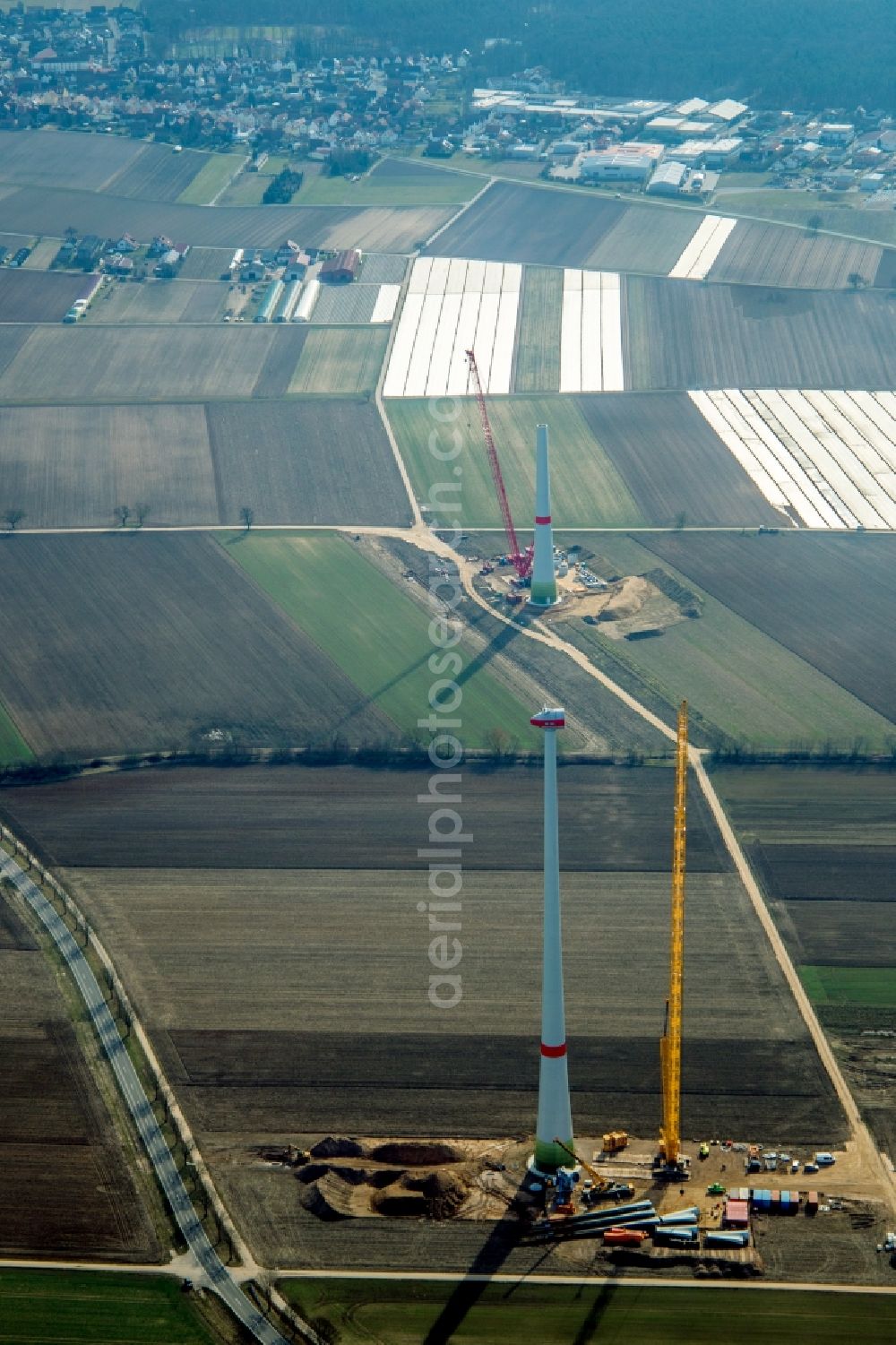 Hatzenbühl from the bird's eye view: Construction site for wind turbine installation in Hatzenbuehl in the state Rhineland-Palatinate, Germany