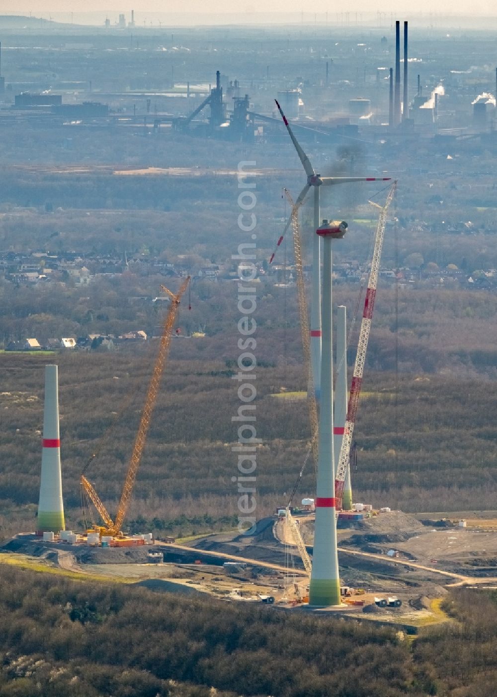 Aerial photograph Hünxe - Construction site for wind turbine installation in Huenxe in the state North Rhine-Westphalia, Germany