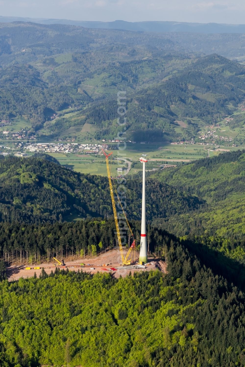 Hohberg from above - Construction site for wind turbine installation in Hohberg in the state Baden-Wuerttemberg