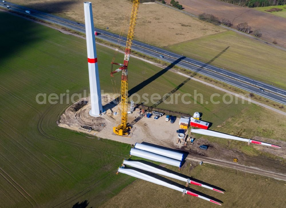 Hoort from above - Construction site for wind turbine installation in Hoort in the state Mecklenburg - Western Pomerania, Germany