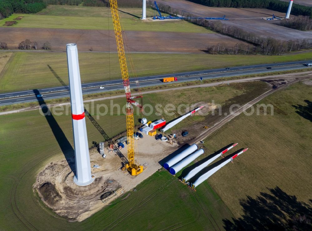 Hoort from the bird's eye view: Construction site for wind turbine installation in Hoort in the state Mecklenburg - Western Pomerania, Germany