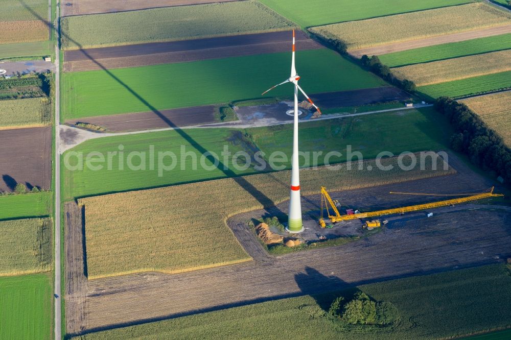 Aerial image Kutenholz - Construction site for wind turbine installation with long shade in Kutenholz in the state Lower Saxony, Germany