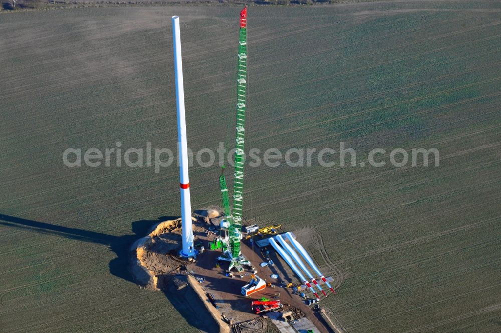 Milow from the bird's eye view: Construction site for wind turbine installation in Milow in the state Mecklenburg - Western Pomerania, Germany