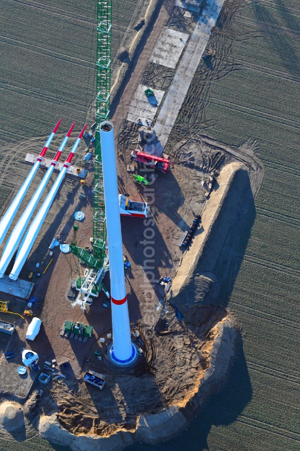 Aerial image Milow - Construction site for wind turbine installation in Milow in the state Mecklenburg - Western Pomerania, Germany