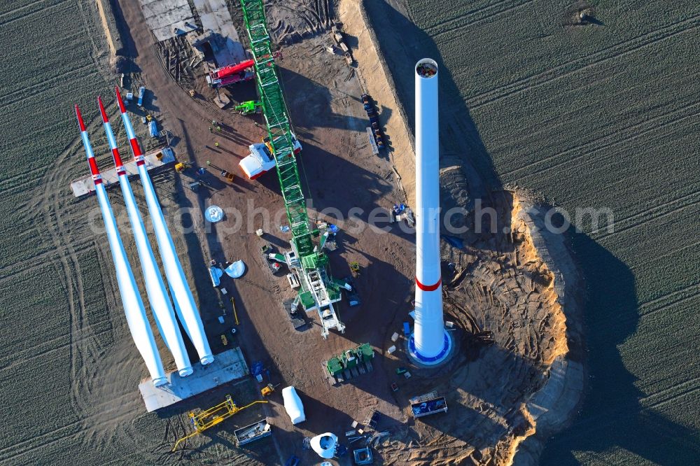 Aerial photograph Milow - Construction site for wind turbine installation in Milow in the state Mecklenburg - Western Pomerania, Germany