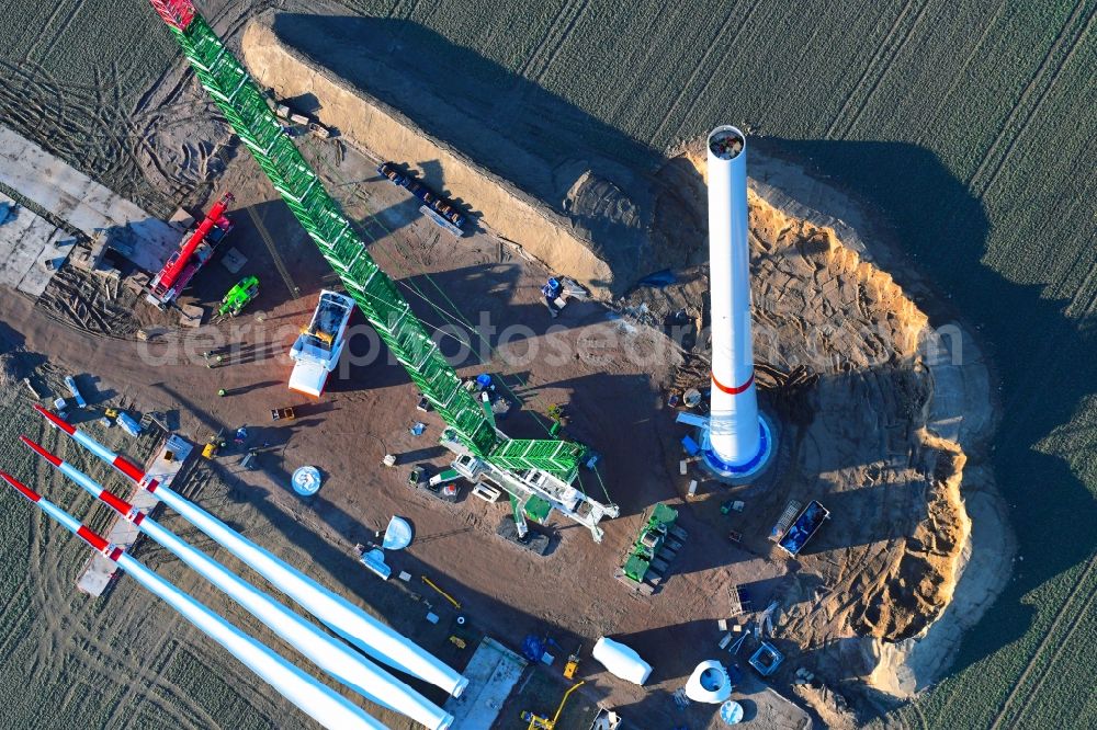 Milow from above - Construction site for wind turbine installation in Milow in the state Mecklenburg - Western Pomerania, Germany