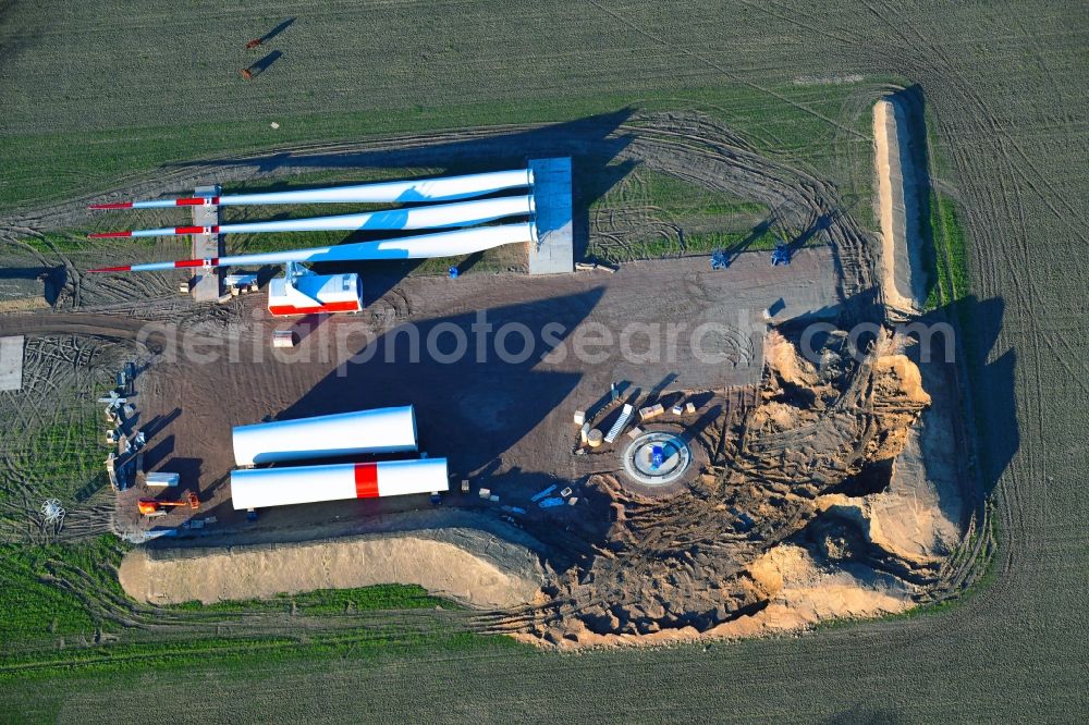 Milow from the bird's eye view: Construction site for wind turbine installation in Milow in the state Mecklenburg - Western Pomerania, Germany