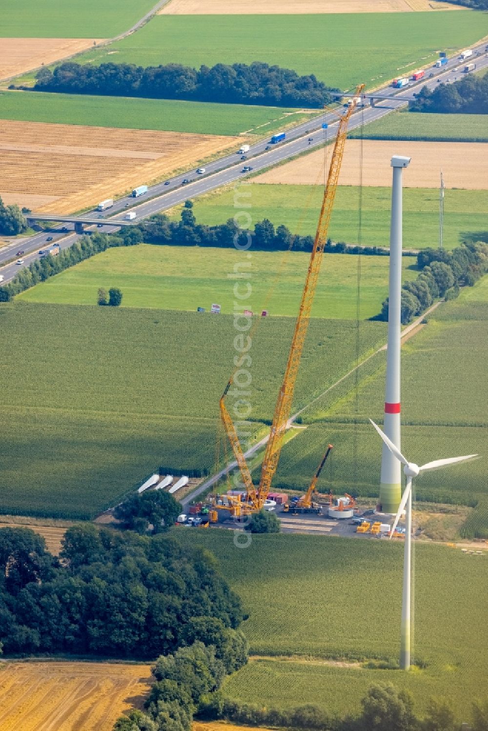 Aerial image Bönen - Construction site for wind turbine installation close to the A2 motorway in Boenen in the state North Rhine-Westphalia, Germany