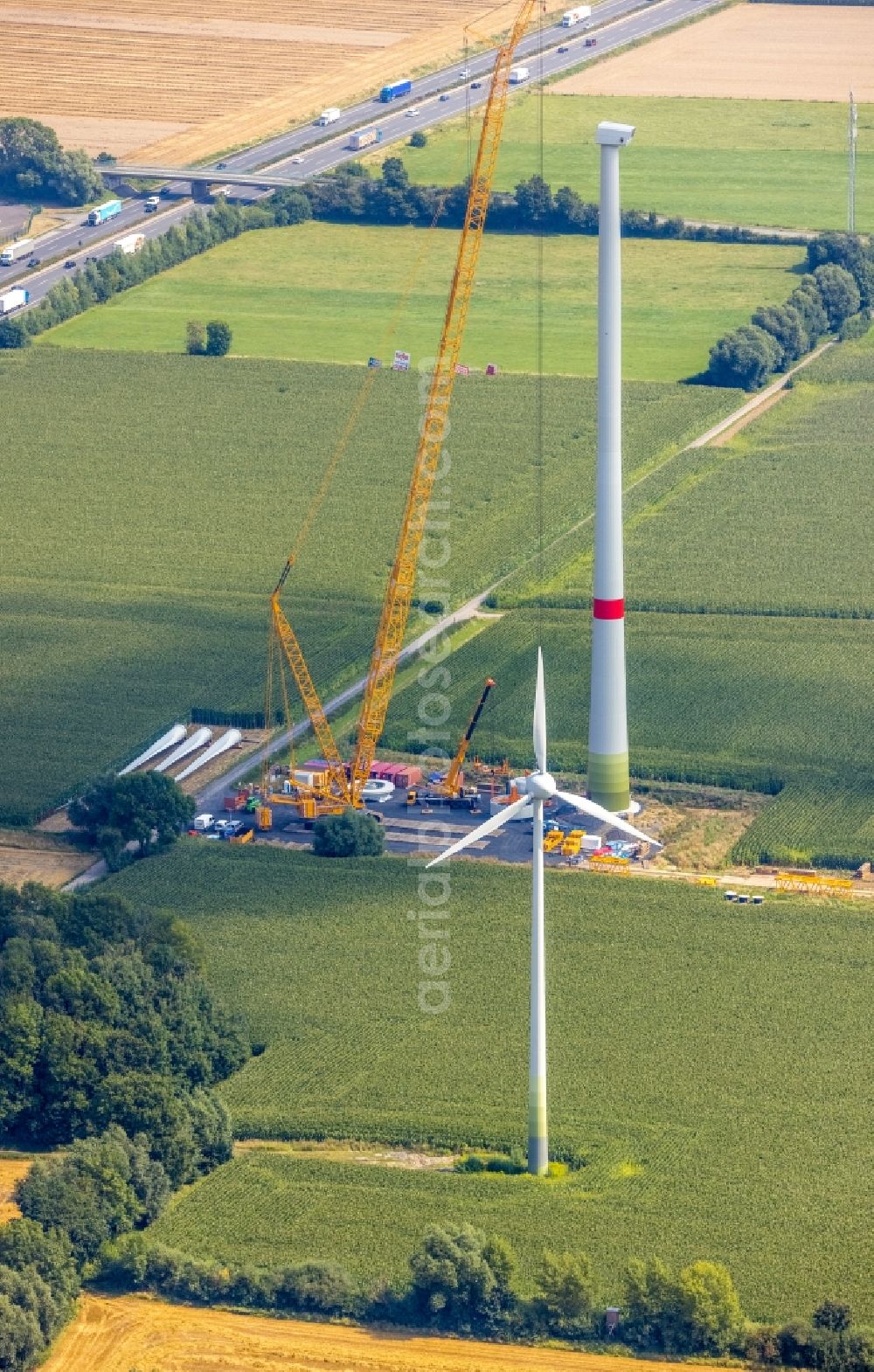 Aerial photograph Bönen - Construction site for wind turbine installation close to the A2 motorway in Boenen in the state North Rhine-Westphalia, Germany