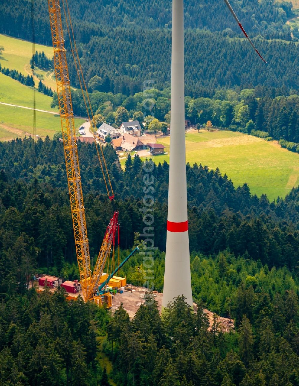 Fischerbach from above - Construction site for wind turbine installation Am Nillskopf Brandenkopf in Schwarzwald in Fischerbach in the state Baden-Wurttemberg, Germany