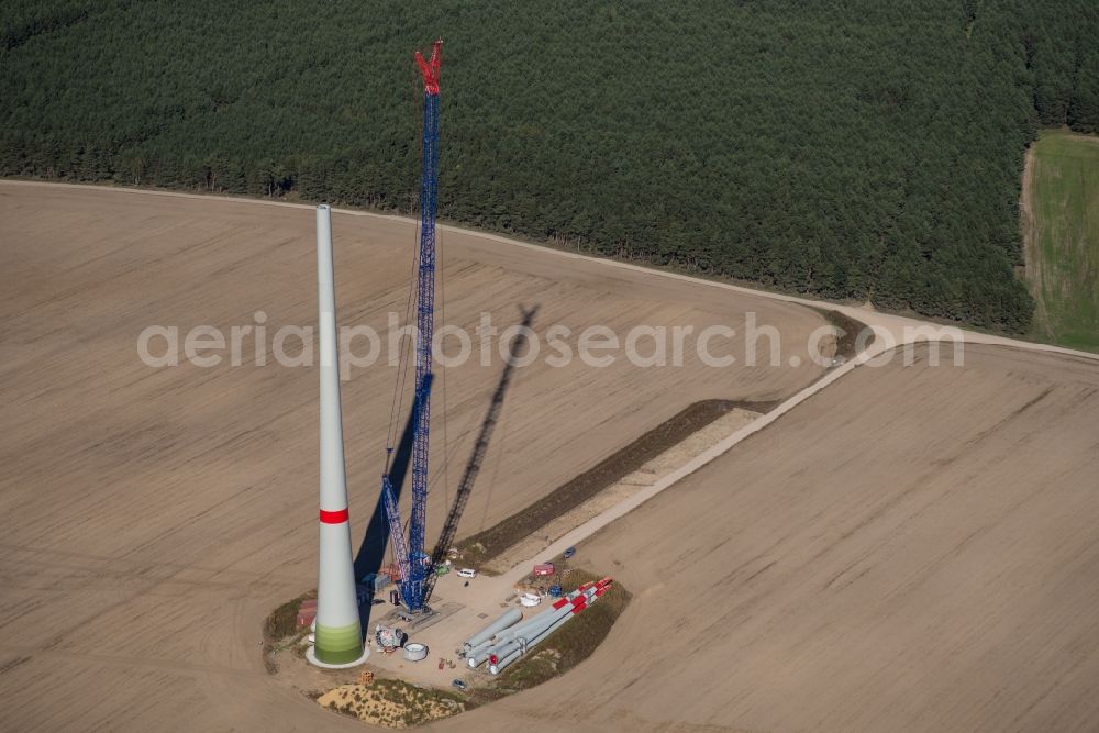 Rietz from above - Construction site for wind turbine installation in Rietz in the state Brandenburg, Germany