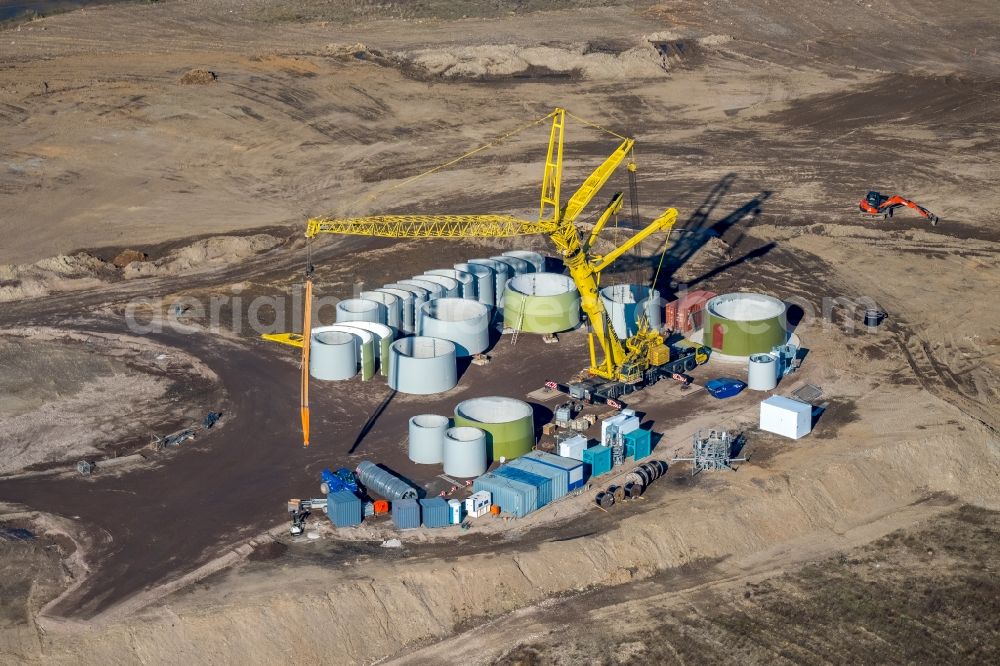 Aerial image Duisburg - Construction site for wind turbine installation of Rockelsberghalde on Deichstrasse in the district Meiderich-Beek in Duisburg in the state North Rhine-Westphalia, Germany