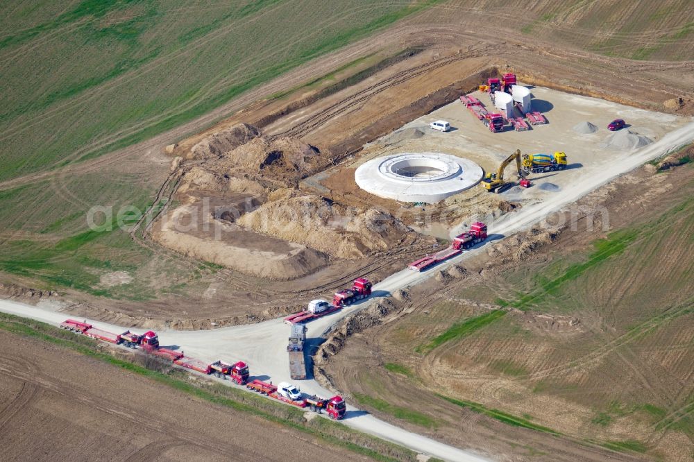 Rosdorf from above - Construction site for wind turbine installation in Rosdorf in the state Lower Saxony, Germany