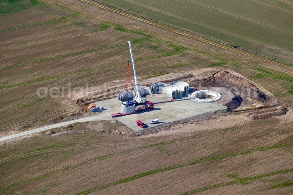 Rosdorf from the bird's eye view: Construction site for wind turbine installation in Rosdorf in the state Lower Saxony, Germany