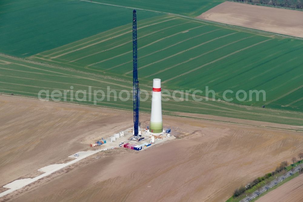 Rosdorf from the bird's eye view: Construction site for wind turbine installation in Rosdorf in the state Lower Saxony, Germany