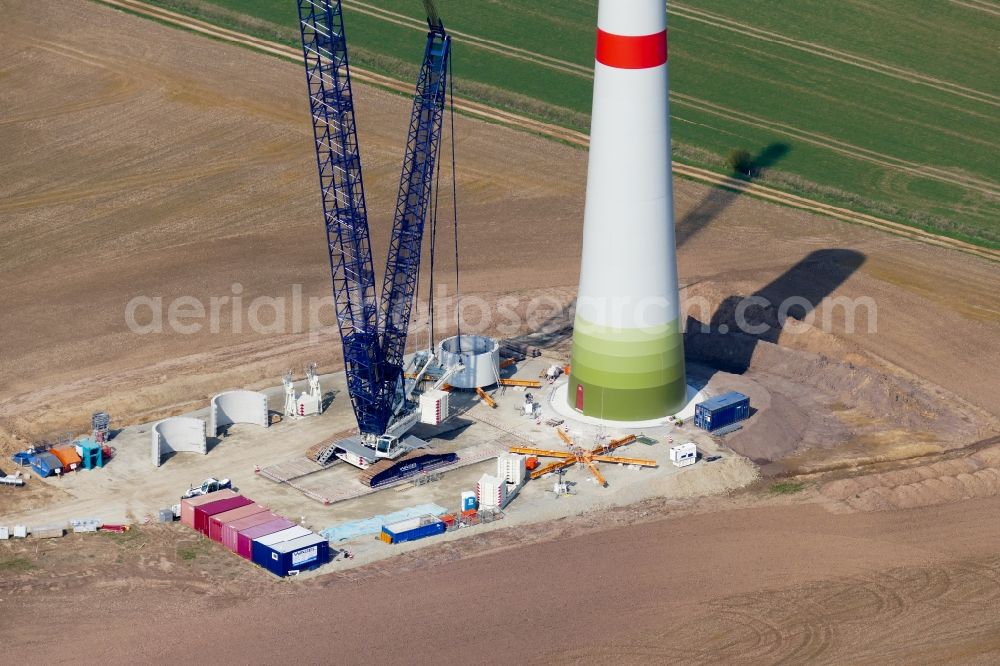 Aerial image Rosdorf - Construction site for wind turbine installation in Rosdorf in the state Lower Saxony, Germany