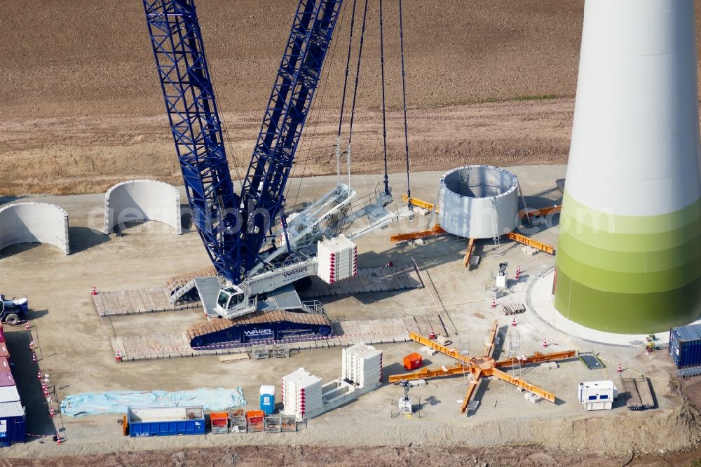 Aerial photograph Rosdorf - Construction site for wind turbine installation in Rosdorf in the state Lower Saxony, Germany