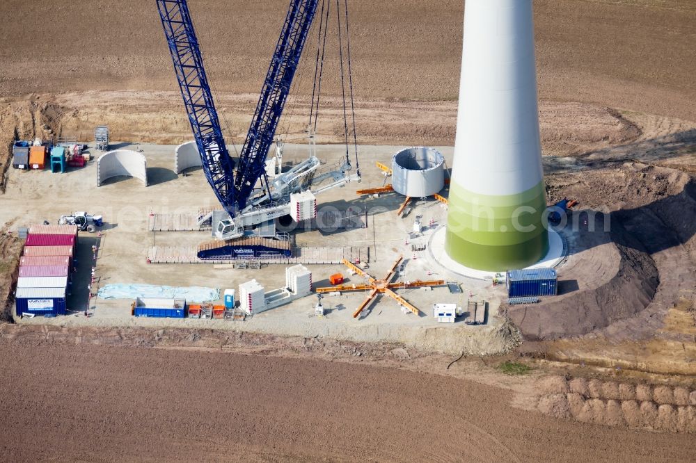 Rosdorf from above - Construction site for wind turbine installation in Rosdorf in the state Lower Saxony, Germany