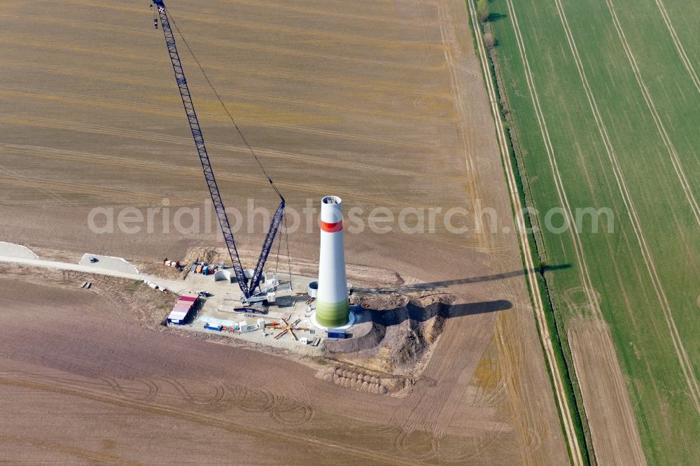 Rosdorf from the bird's eye view: Construction site for wind turbine installation in Rosdorf in the state Lower Saxony, Germany