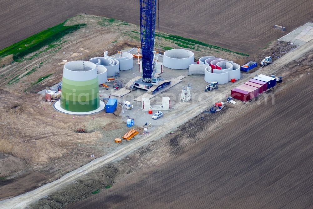 Rosdorf from the bird's eye view: Construction site for wind turbine installation in Rosdorf in the state Lower Saxony, Germany