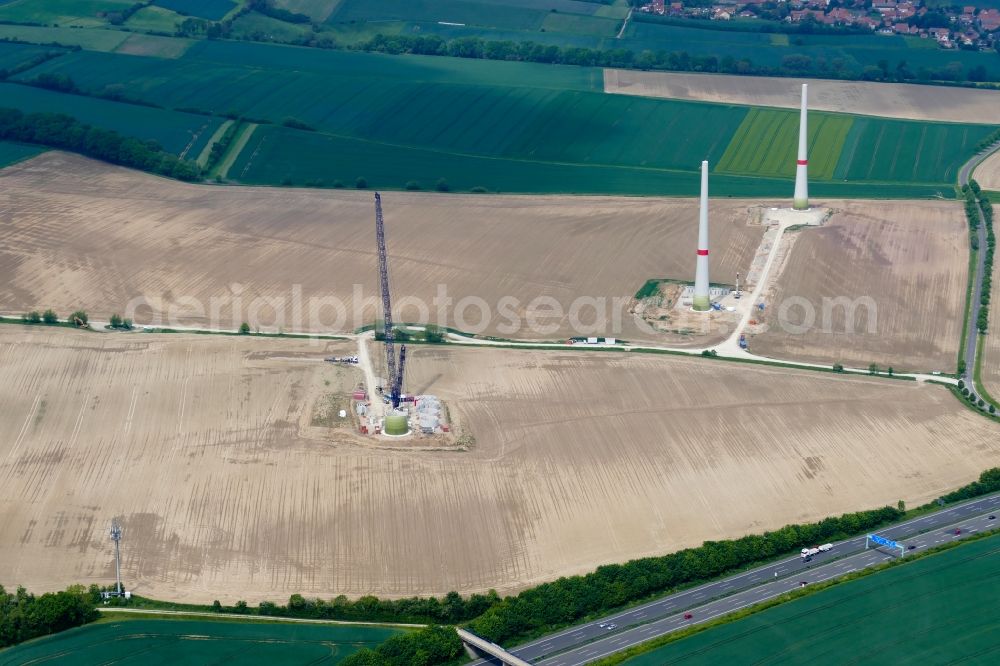 Rosdorf from above - Construction site for wind turbine installation in Rosdorf in the state Lower Saxony, Germany