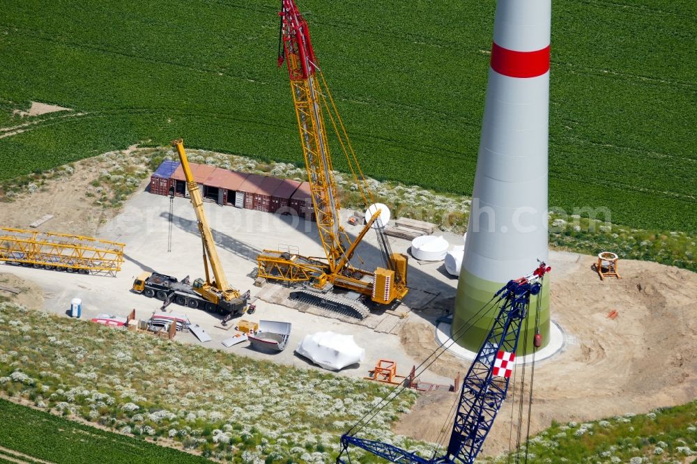 Aerial image Rosdorf - Construction site for wind turbine installation in Rosdorf in the state Lower Saxony, Germany