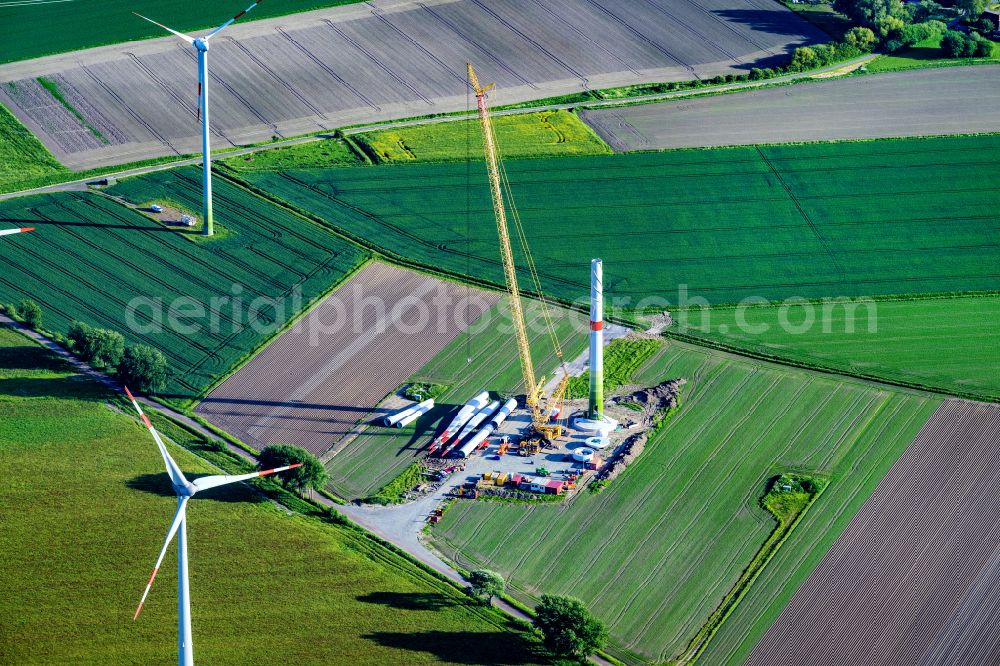 Aerial image Schülp - Construction site for wind turbine installation in Schuelp in the state Schleswig-Holstein, Germany