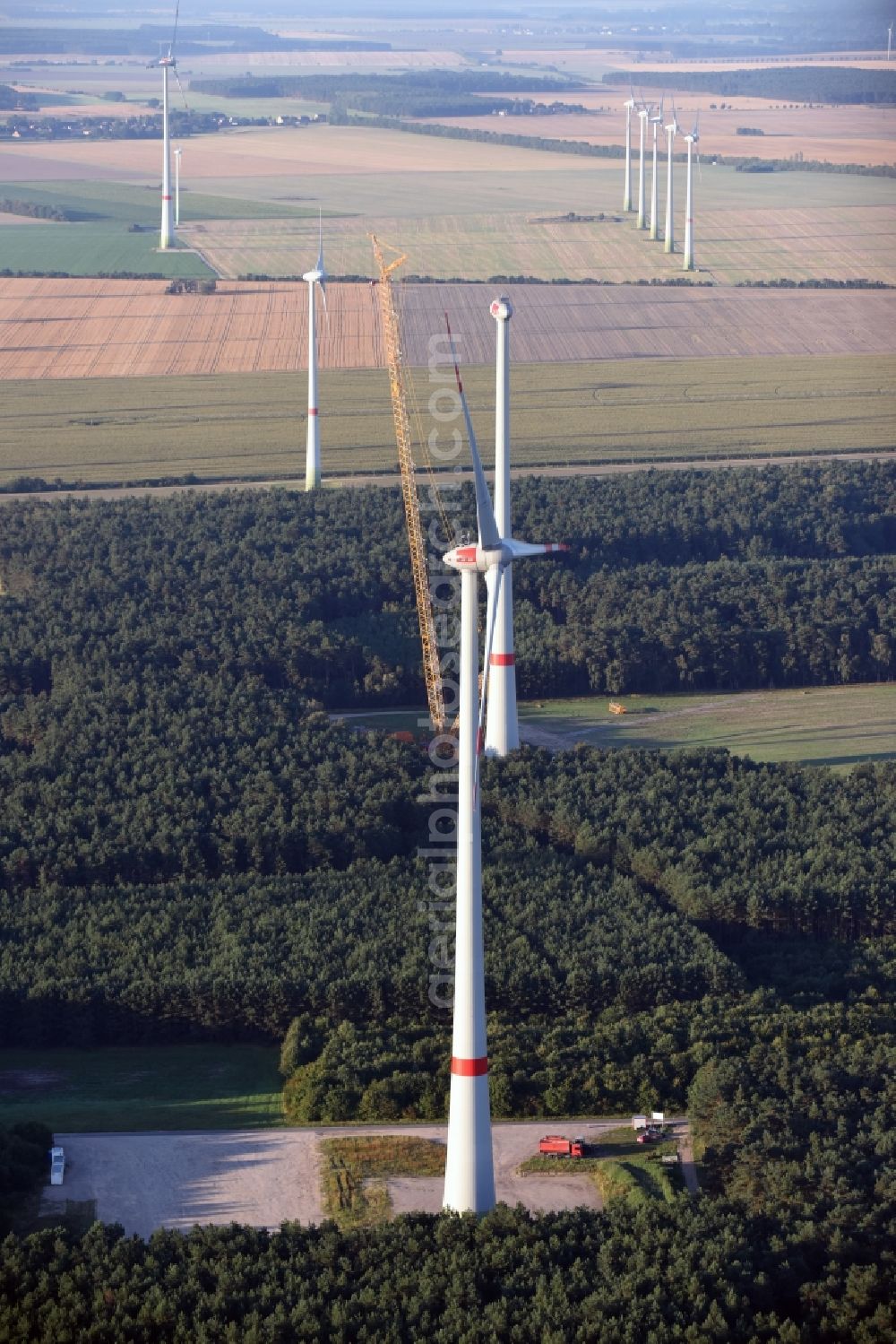 Schwabeck from the bird's eye view: Construction site for wind turbine installation in Schwabeck in the state Brandenburg