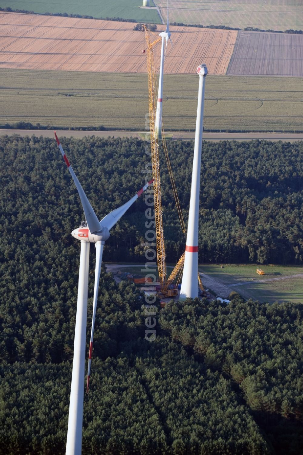 Aerial image Schwabeck - Construction site for wind turbine installation in Schwabeck in the state Brandenburg