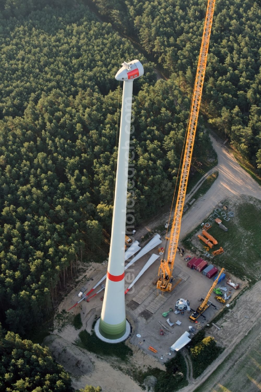 Aerial photograph Schwabeck - Construction site for wind turbine installation in Schwabeck in the state Brandenburg