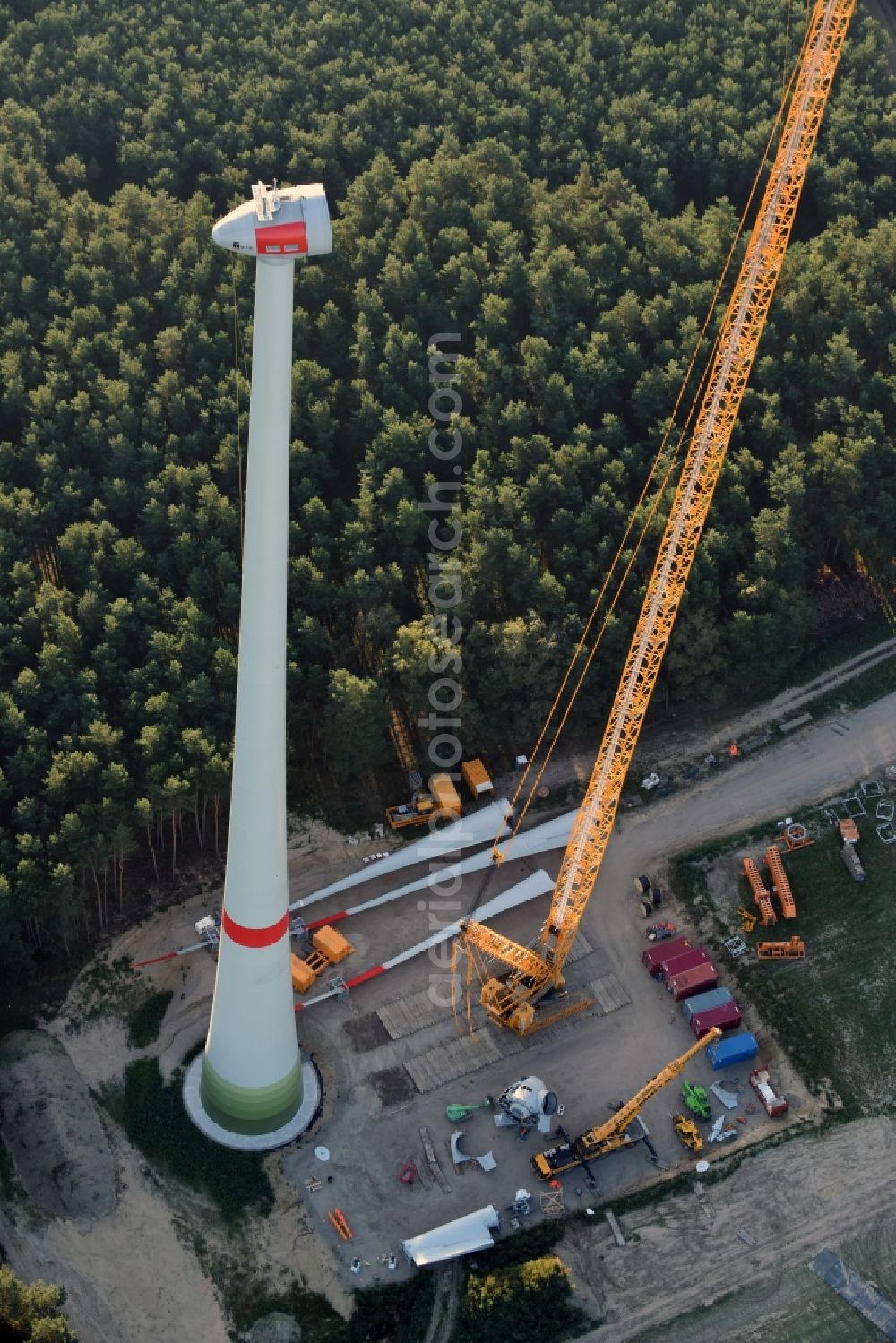 Schwabeck from above - Construction site for wind turbine installation in Schwabeck in the state Brandenburg