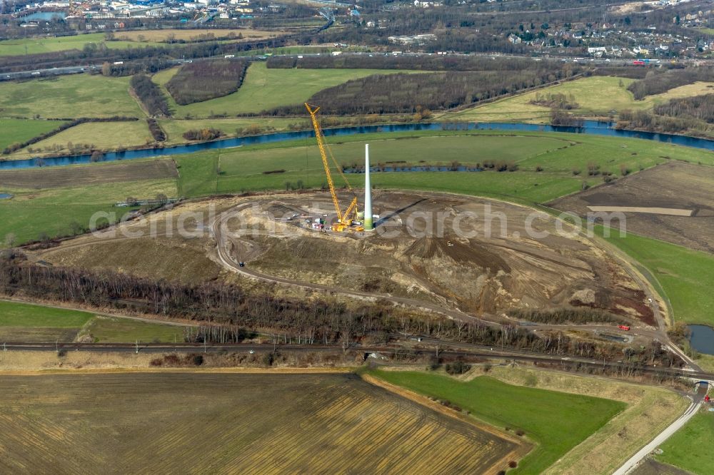 Aerial image Mülheim an der Ruhr - Construction site for wind turbine installation in den Styrumer Ruhrauen in Muelheim on the Ruhr in the state North Rhine-Westphalia, Germany