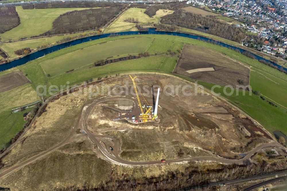 Mülheim an der Ruhr from above - Construction site for wind turbine installation in den Styrumer Ruhrauen in Muelheim on the Ruhr in the state North Rhine-Westphalia, Germany