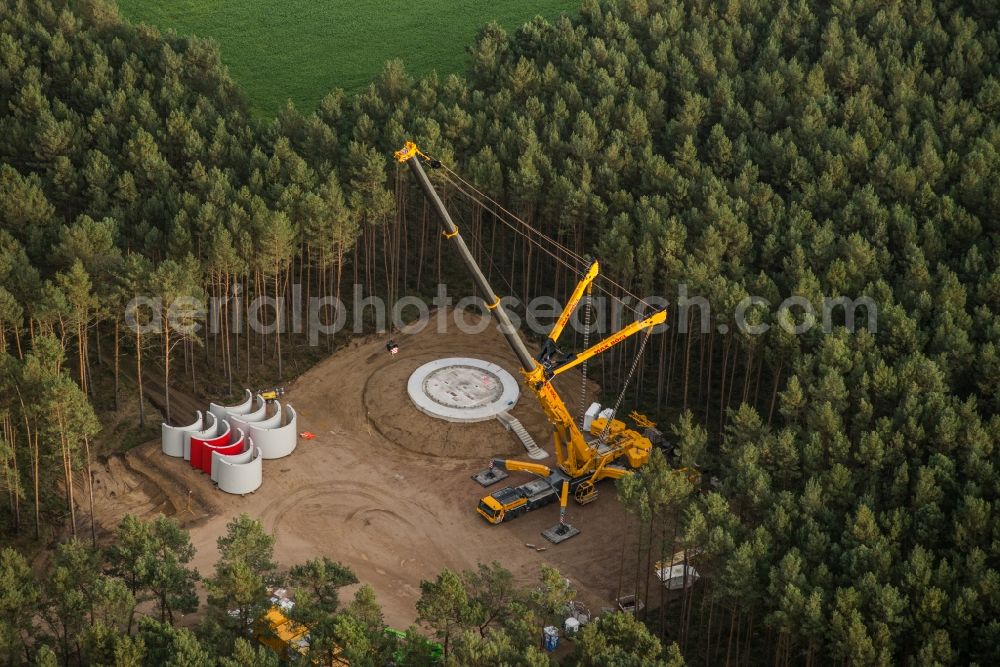 Treuenbrietzen from above - Construction site for wind turbine installation in Treuenbrietzen in the state Brandenburg, Germany