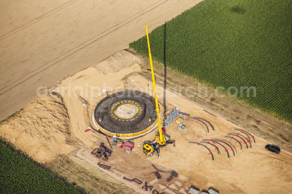 Treuenbrietzen from the bird's eye view: Construction site for wind turbine installation in Treuenbrietzen in the state Brandenburg, Germany