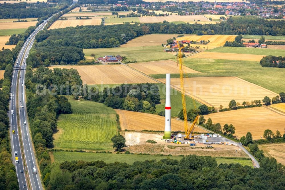 Werne from the bird's eye view: Construction site for wind turbine installation in Werne in the state North Rhine-Westphalia, Germany