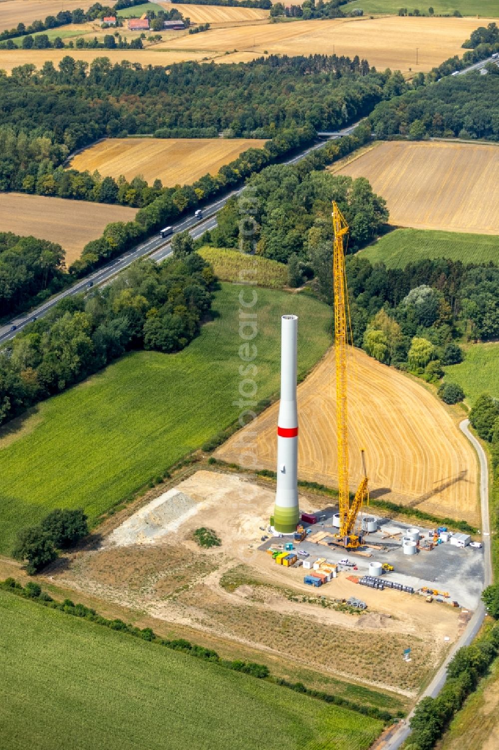 Aerial photograph Werne - Construction site for wind turbine installation in Werne in the state North Rhine-Westphalia, Germany