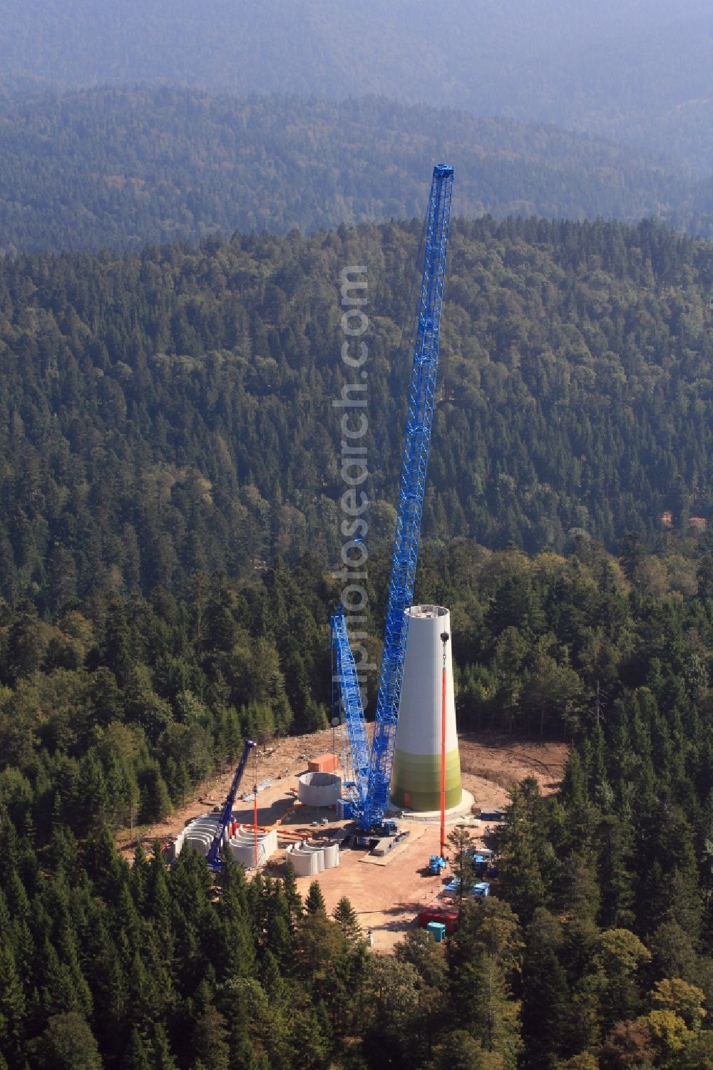 Aerial photograph Gersbach - Construction site for wind turbine installation des Windkraftanlagenbauers Enercon GmbH on the mountain top of the Rohrenkopf in the Black Forest in Gersbach in the state Baden-Wuerttemberg