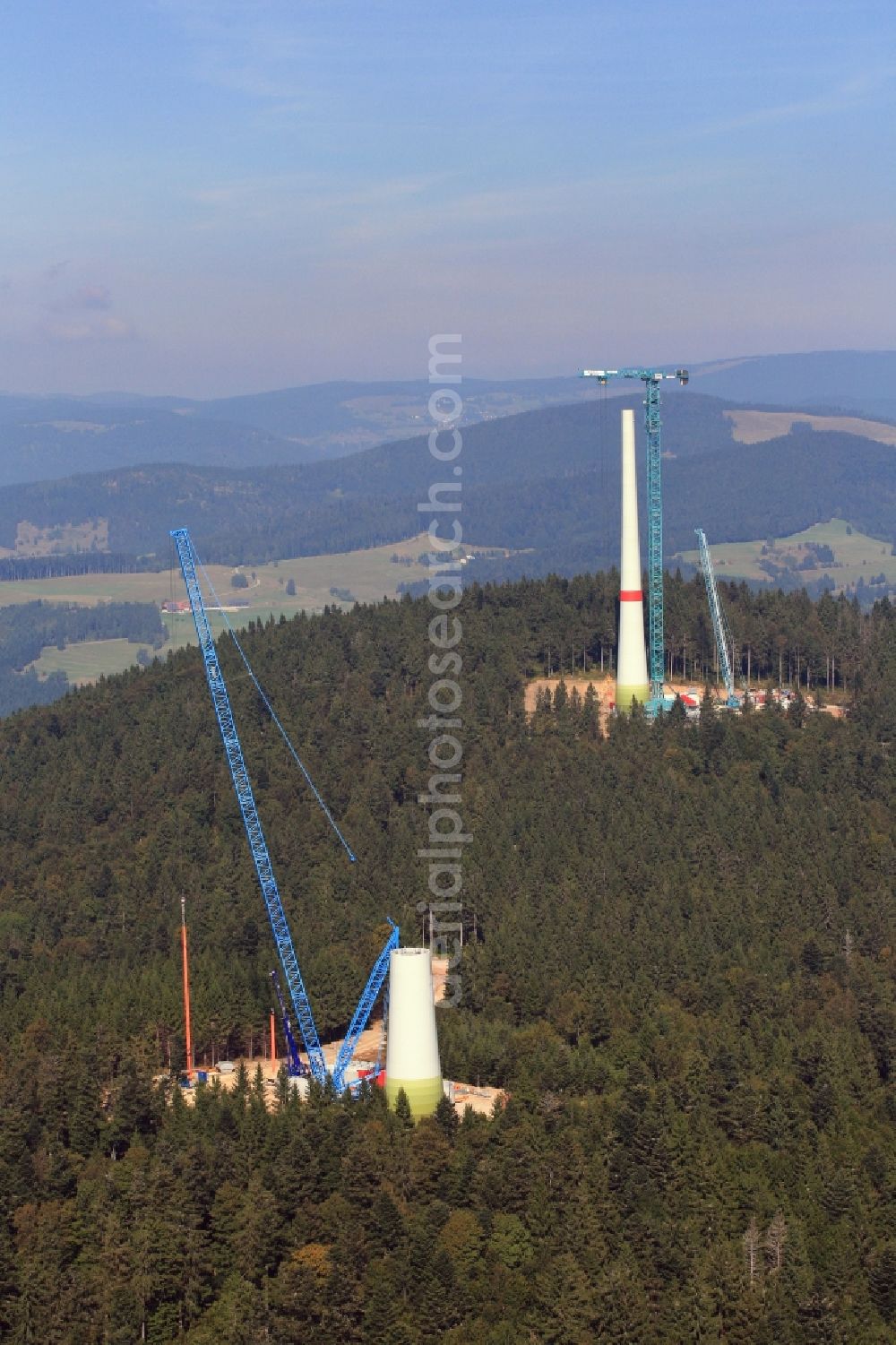 Gersbach from above - Construction site for wind turbine installation des Windkraftanlagenbauers Enercon GmbH on the mountain top of the Rohrenkopf in the Black Forest in Gersbach in the state Baden-Wuerttemberg