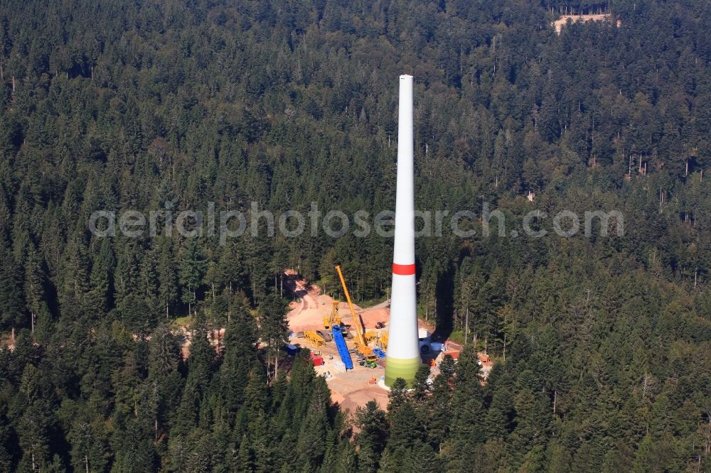 Gersbach from the bird's eye view: Construction site for wind turbine installation des Windkraftanlagenbauers Enercon GmbH on the mountain top of the Rohrenkopf in the Black Forest in Gersbach in the state Baden-Wuerttemberg