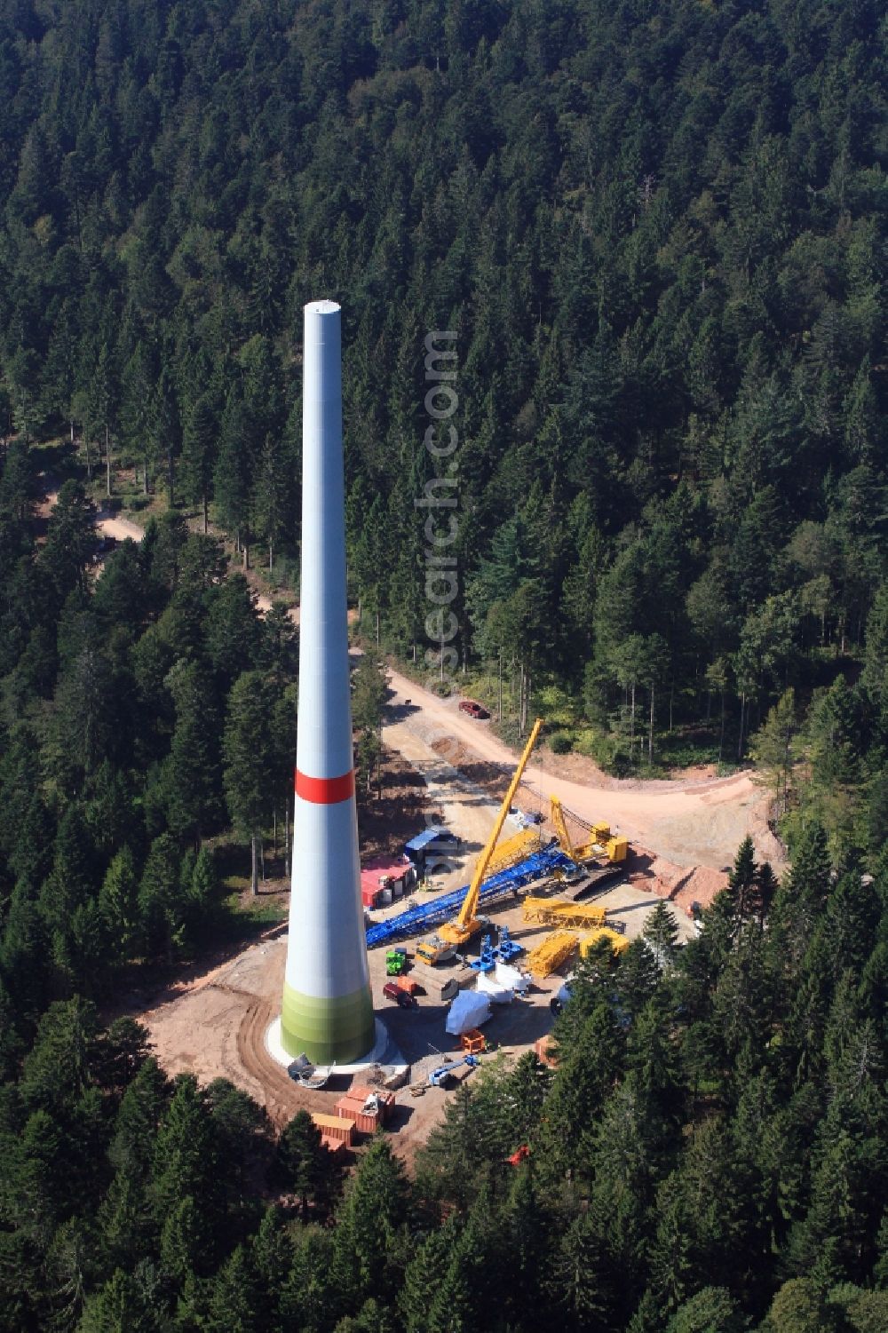 Aerial image Gersbach - Construction site for wind turbine installation des Windkraftanlagenbauers Enercon GmbH on the mountain top of the Rohrenkopf in the Black Forest in Gersbach in the state Baden-Wuerttemberg